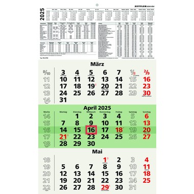 Kalender 3-Monate 29,7x48,8cm Datumschieber 2025 3 sichtbare Monatsblöcke