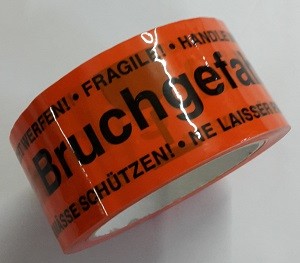 Packband 66mx50mm &quot;Bruchgefahr&quot; neutral orange Dicke der Folie: 28 µm,Aufdruck: schwarz