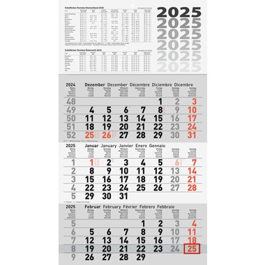 Kalender 3-Monatswandkalender 29x52 cm 2025 mit rotem Datumschieber,anthrazit/rot