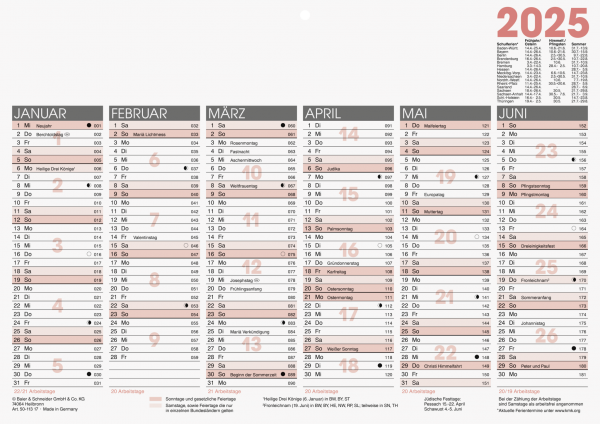 Kalender A4 quer (Blattkalender) 2025 1 Seite=6 Monate,Arbeitstagekalender