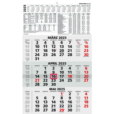 Kalender 3-Monate 29,7x48,8cm Datumschieber 2025 3 sichtbare Monatsblöcke